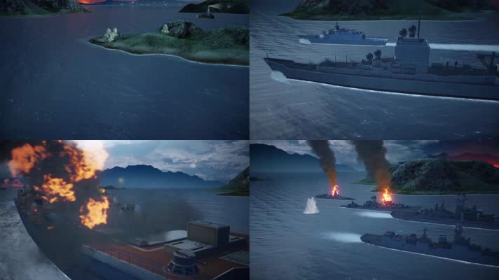 战争动画，军舰舰队，海战击沉