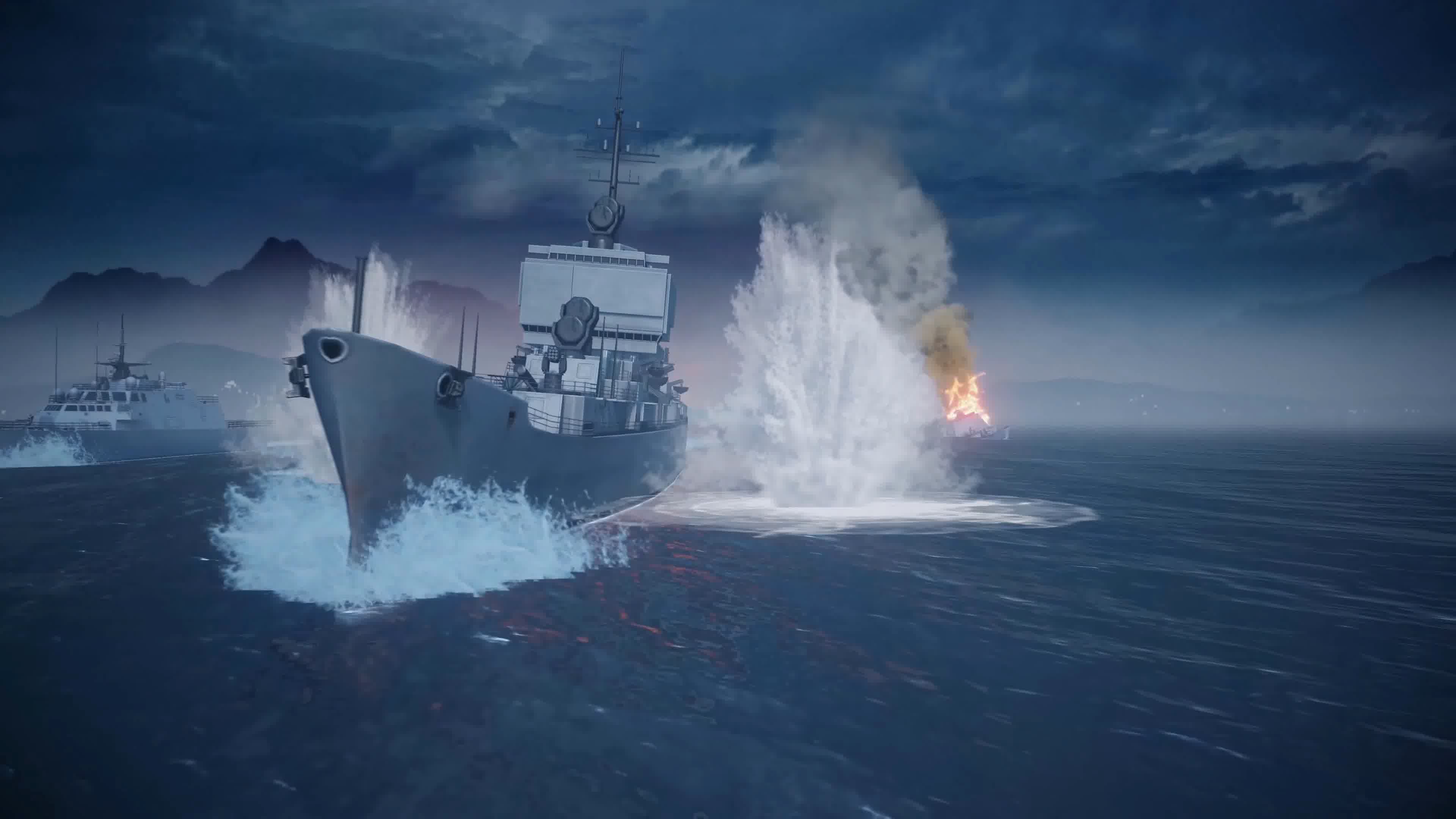 战争动画，军舰舰队，海战击沉