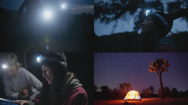 家庭野营，头灯强光，幸福家庭