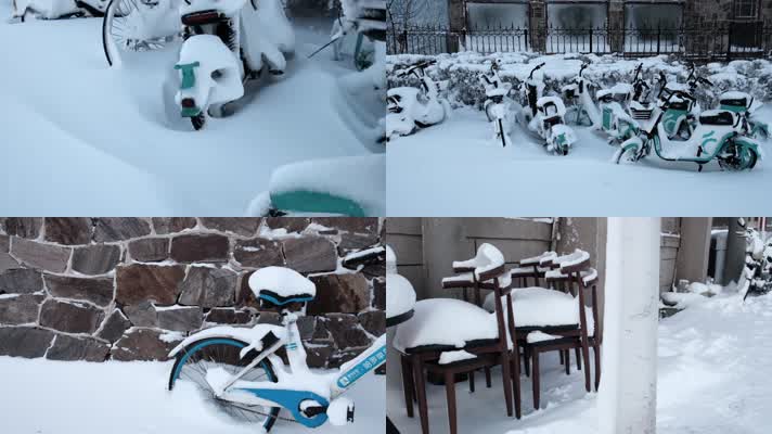 寒潮天气被积雪覆盖的共享单车电动车