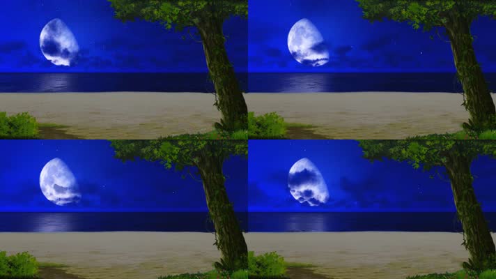 卡通月亮倒影海边沙滩场景