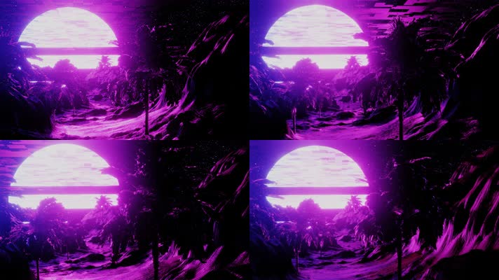 4K棕榈树未来科技海滩月亮赛博朋克