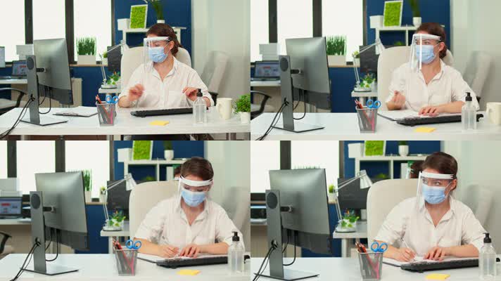 办公室工作，疫情防疫，戴口罩面罩