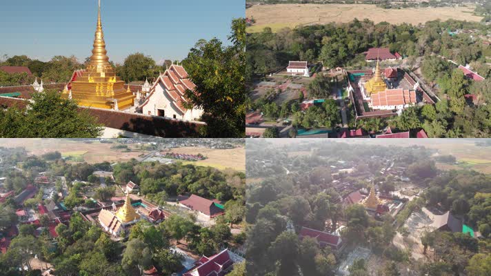 航拍泰国佛教寺庙中金色佛塔