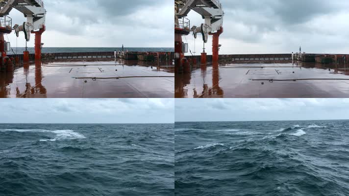 主观视角大海上航行潮湿的轮船甲板和大海