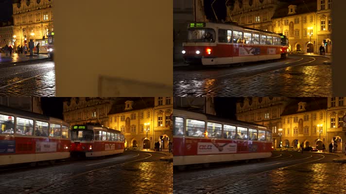 欧洲捷克首都布拉格街头电车夜景