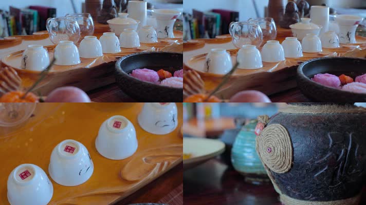 中国风饰品摆件白瓷茶壶茶杯实木茶台