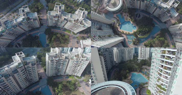 4k深圳一个小区游泳池和扇形高楼绿植