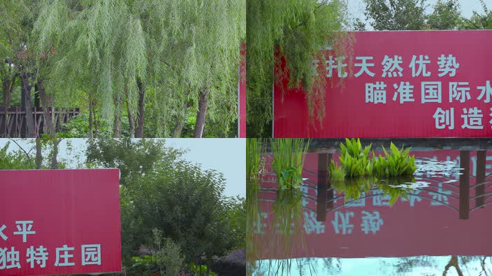 云南抚仙湖畔玉溪庄园广告牌和水中倒影