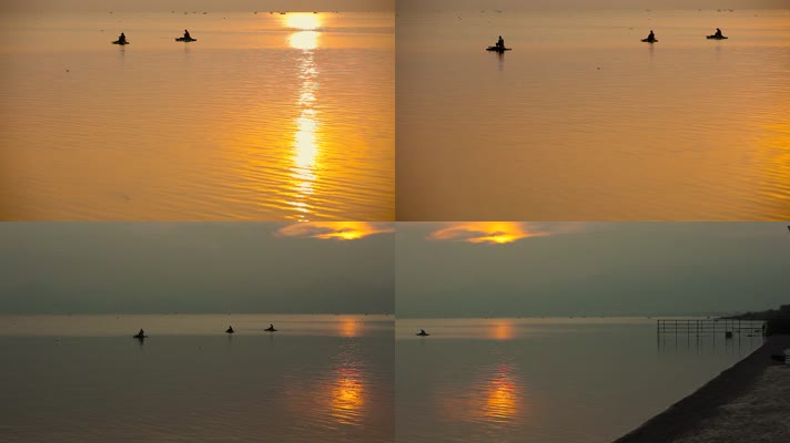 金色夕阳下云南澄江抚仙湖垂钓的人们