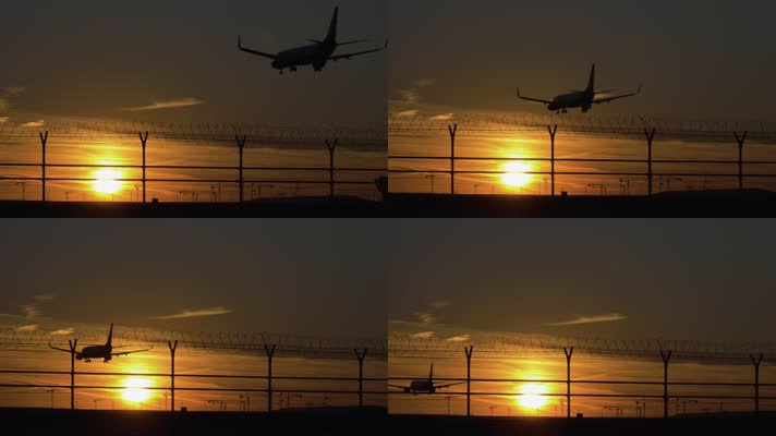 黄昏飞机场，黄昏傍晚夕阳飞机飞机场