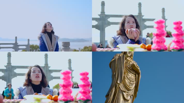 观音像南海观音铜像视频舟山美女求拜观世音