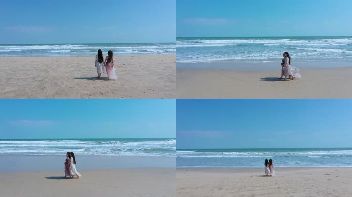 4k沙滩美女视频自由走在大海边白色沙滩美女