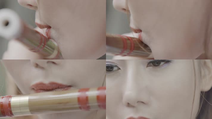 慢镜头古装美女吹笛子视频中国风口红嘴笛子