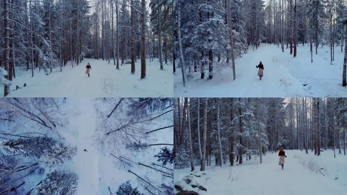 冬天森林，美女奔跑，森林雪景