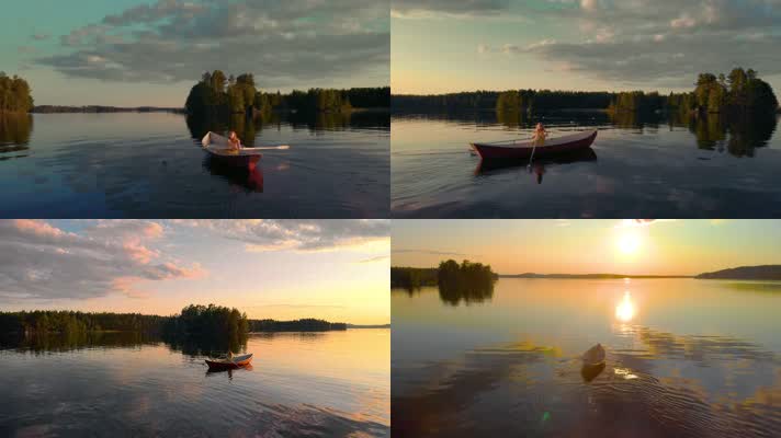 美女划船，唯美湖泊，休闲生活