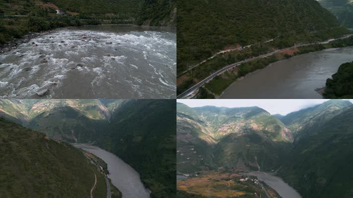4k江河水视频怒江江水江边的公路两岸高山