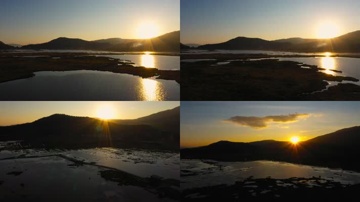 4k云南风光视频金色夕阳下腾冲神奇湿地湖水