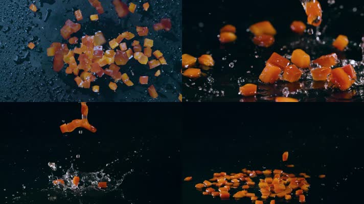 红色辣椒丁视频慢镜头切碎的辣椒落入水中