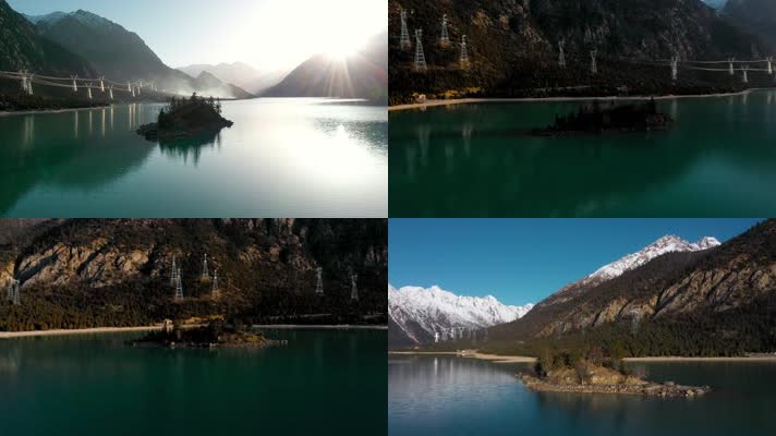 4k西藏风光视频清晨高原湖泊湖心小岛日出时