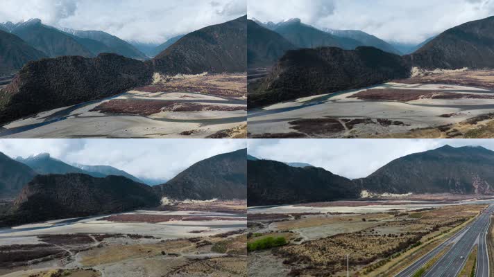 4k西藏风光视频高原河谷沙洲高速公路