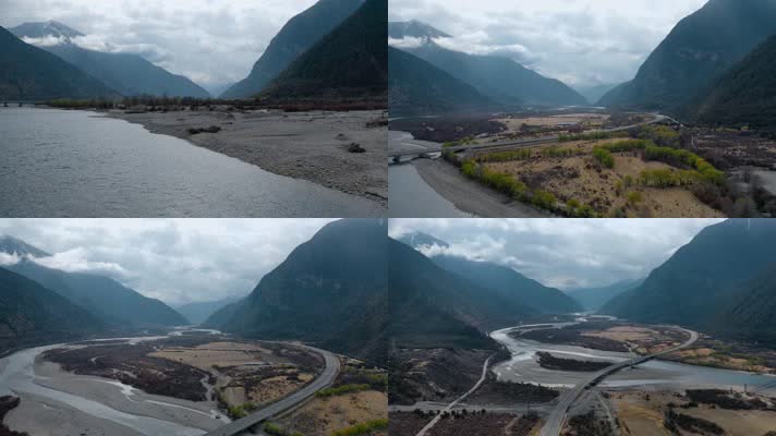 4k西藏风光视频泥石流河谷高速公路玉带云