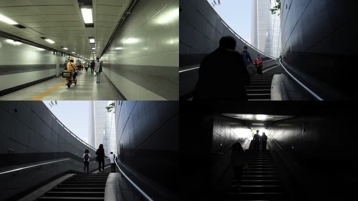 城市地下通道行走的人们走楼梯4k