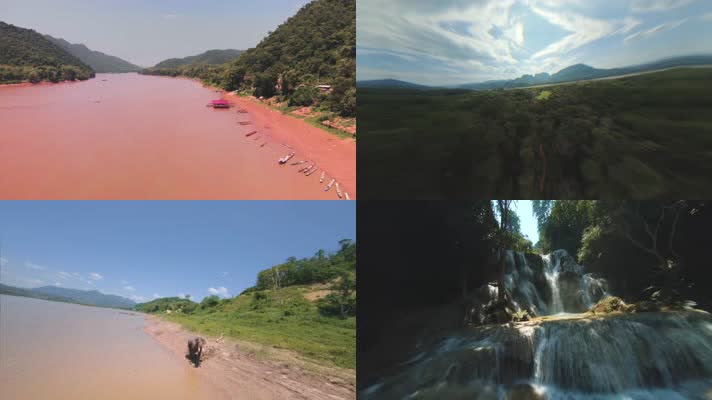 老挝，航拍老挝，山川河流瀑布自然生态