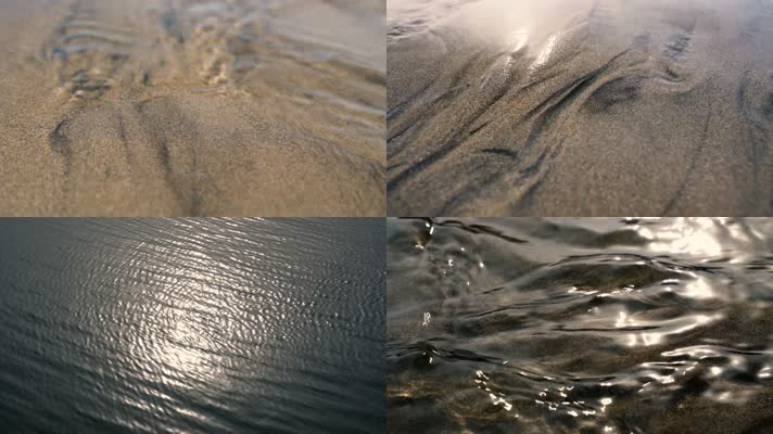 清澈海水沙粒流水海浪冲刷沙滩，4K特写