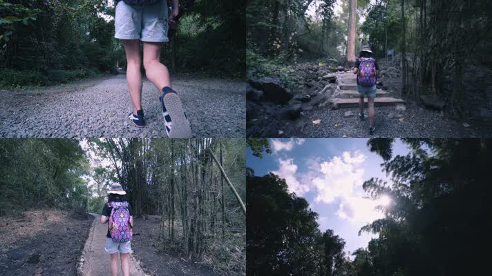 升格女子在树林森林热带雨林中徒步探险