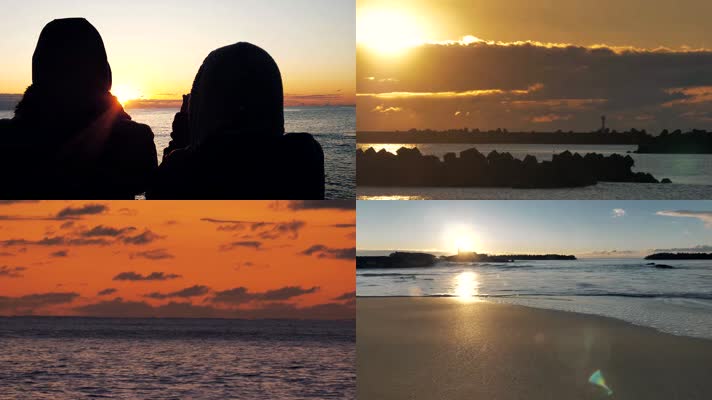 4K金色日出海岸海浪浪花情侣，VLOG特写