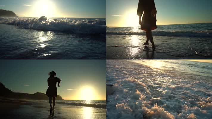 夕阳沙滩海浪漫步美女剪影，4K向憧憬背影