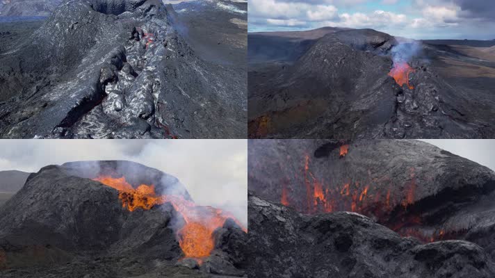 火山喷发岩浆熔岩流4K航拍地质灾害 