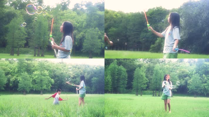 孩子在草地玩耍吹泡泡奔跑4k视频素材