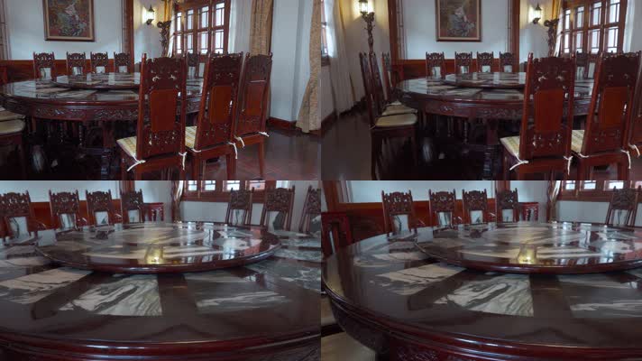 4k餐桌视频喜洲古镇宾馆红木镶嵌大理石圆桌