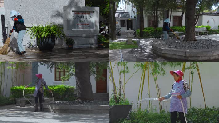 4k园丁视频大理喜洲董家院扫地浇水园丁
