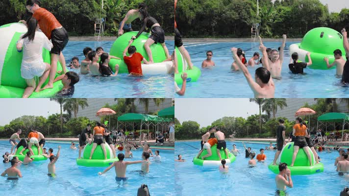 蓝色游泳池学生体育课间水上娱乐爬水球比赛