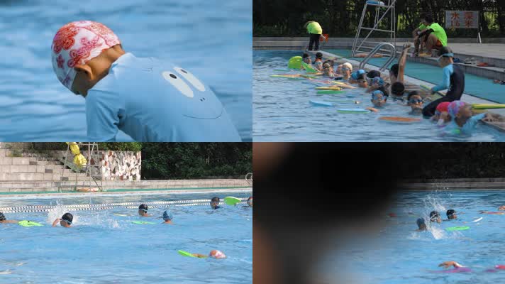 小学生视频夏天上游泳课的小学生
