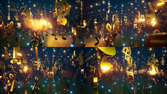 4K悬浮金色音符中穿梭动感节奏背景