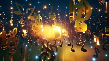 4K悬浮金色音符中穿梭动感节奏背景
