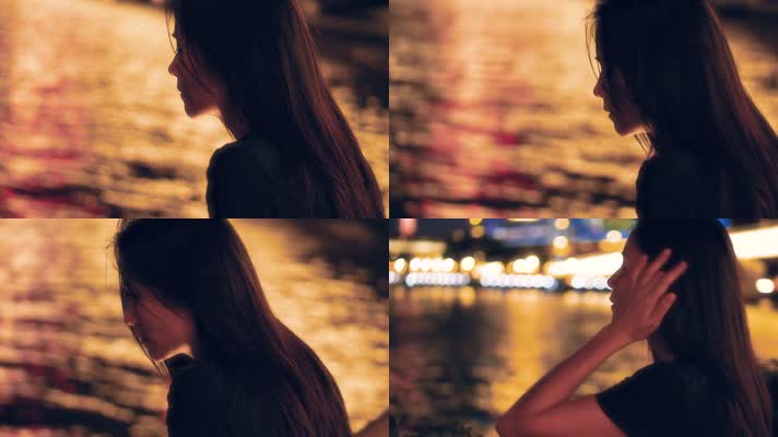 夜晚女孩独自一个人在江边吹风4k视频素材