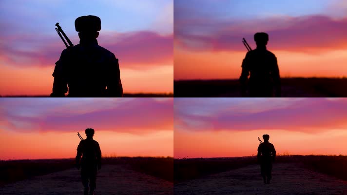 武警军人逆光剪影走向胜利打靶归来