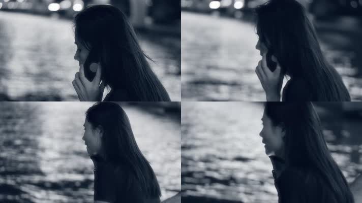女孩在江边打电话黑白电影感4k