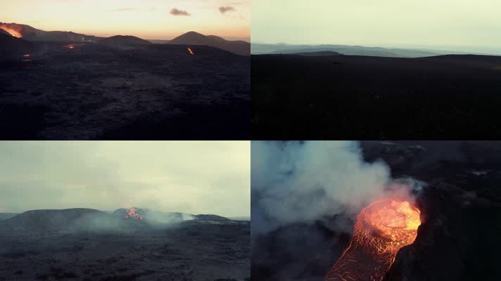 火山爆发，火山口沸腾岩浆流淌