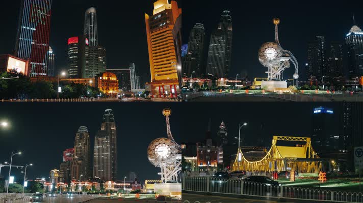 繁华都市灯光夜景天津火车站世纪钟