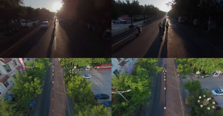 4k警察视频夕阳下小城市上街执勤交警