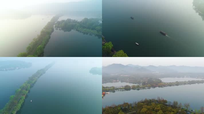 浙江杭州西湖4K雾景航拍视频