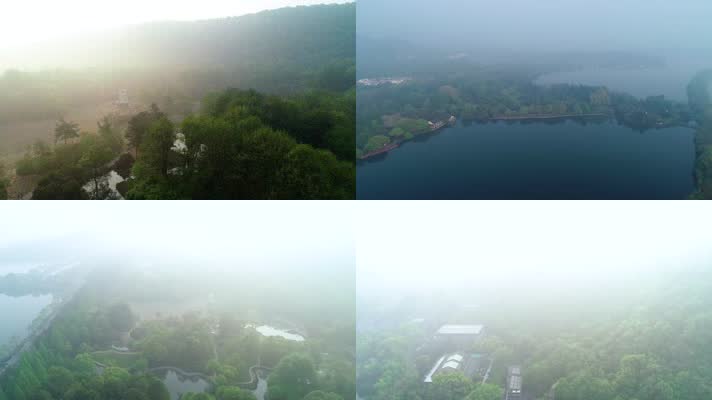 浙江杭州太子湾公园4K雾景航拍视频