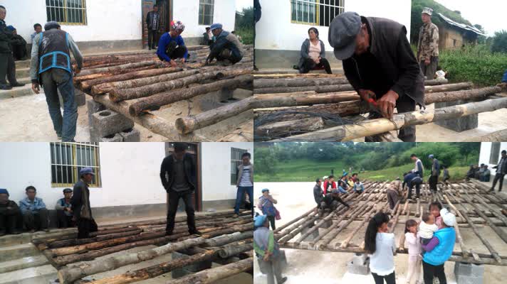 高清农村在用木头材料搭建舞台搭台子