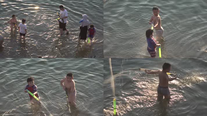 夏日黄昏少年儿童在浅河中戏水